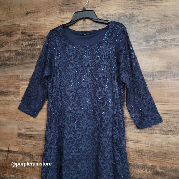Tiana B Sequins Floral Lace Midi Dress 16 W Navy Dark Coquette Ethereal - Picture 2 of 11